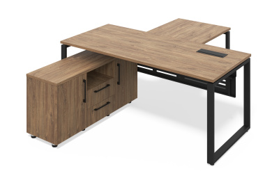 Стол руководителя модульный О-образное подстолье с тумбой Гамбург (дуб канзас, черный муар, Правая, 1800x800, 700x700, 50x25)