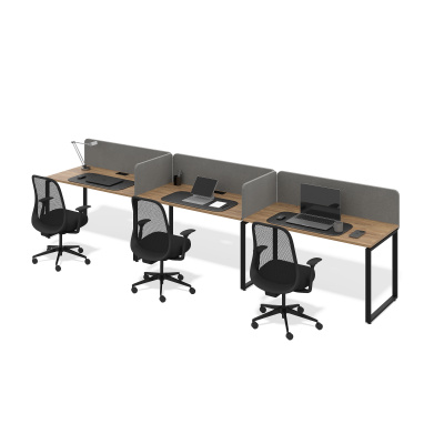 Бенч система на 3 места в один ряд О-образное подстолье (1200x600, дуб канзас, черный муар, 50x25)