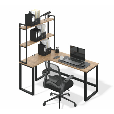 Стол компьютерный домашний О-образное подстолье с этажеркой (дуб канзас, черный муар, Левая, 60x30)