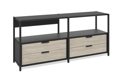 Стеллаж низкий 2 секции (Один уровень с ящиками, Фасад: натуральный шпон (дуб), Корпус А: черный графит, черный муар)