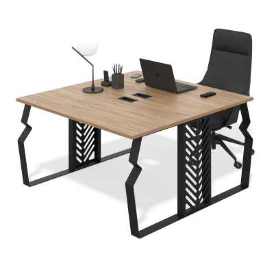 Бенч система на опорах из листа на 2 места (дуб канзас, черный муар, 1400x700, без центрального экрана)