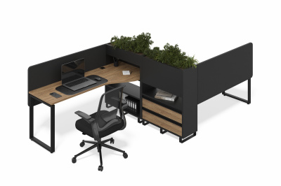 Бенч система на 2 места с кашпо (дуб канзас, Фасад: дуб канзас, Корпус А: черный графит, черный муар, Левая)