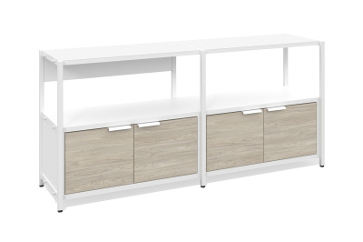 Стеллаж низкий 2 секции (Один уровень с дверцами, Фасад: натуральный шпон (дуб), Корпус А: белый премиум, белый муар)