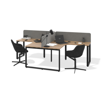 Бенч-система угловая модульная на 2 рабочих места с О-образным каркасом (дуб канзас, черный муар, 1400x600, 50x25)