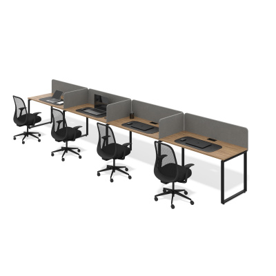 Бенч система на 4 места в один ряд О-образное подстолье (1200x600, дуб канзас, черный муар, 50x25)