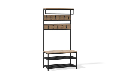 Вешалка для одежды напольная с обувницей и сиденьем (черный муар, дуб канзас)