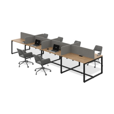 Бенч система на 8 рабочих мест О-образное подстолье (дуб канзас, 2000x800, черный муар, 40x40)