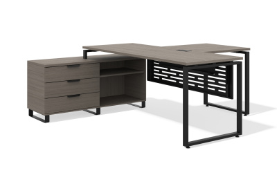 Стол руководителя модульный с опорной тумбой О-образное подстолье (файнлайн средне-серый, черный муар, Левая, 2000x700, 1400x700, 50x25)